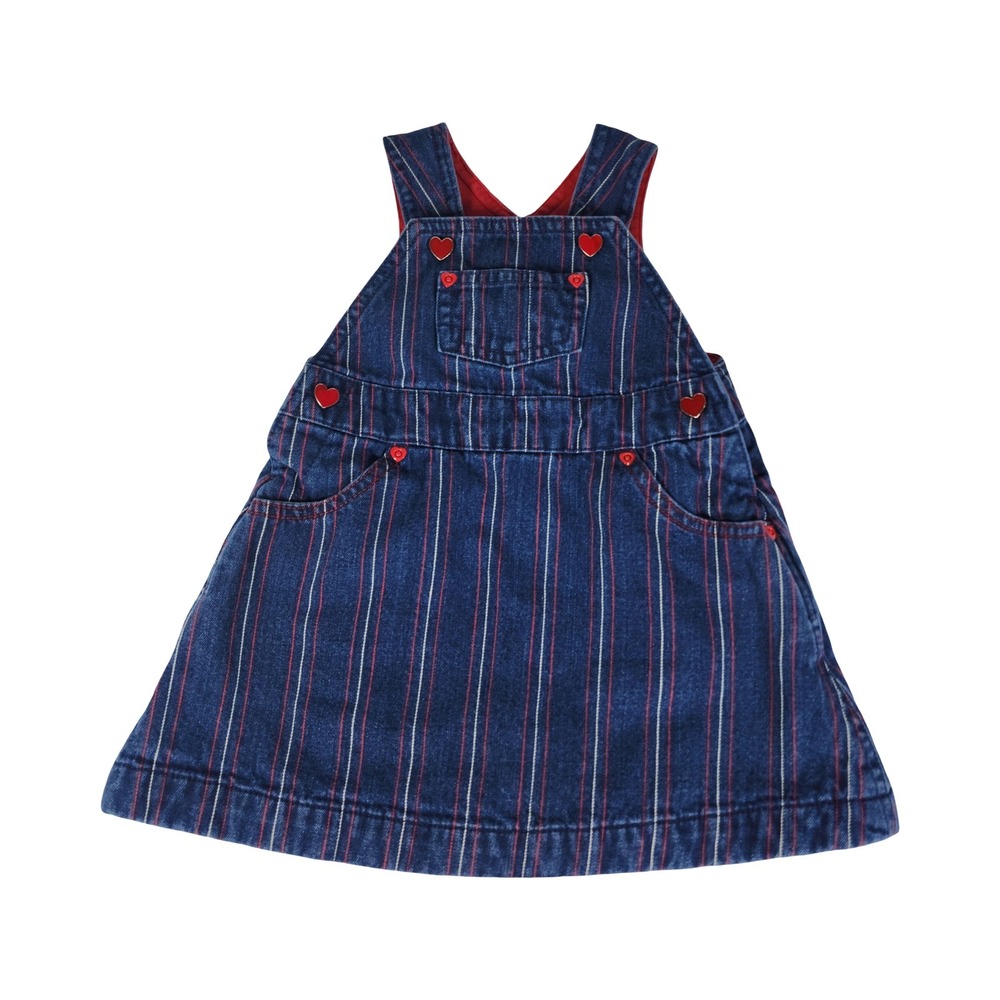 Baby Gap Infant Girls Blue Striped Denim Heart Pinafore Jumper Dress 6-12 Months